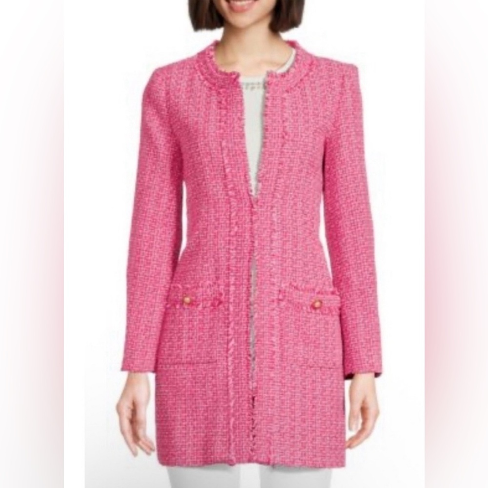 Tweed Bouclé Pink White Jacket Blazer Pearl Buttons Nanette Lepore 🌸💗 - Picture 3 of 10